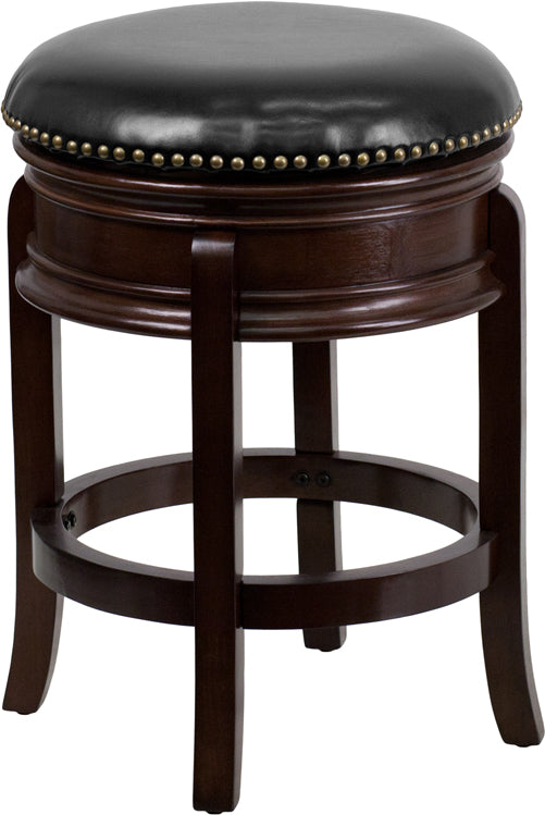 24'' High Backless Cappuccino Wood Counter Height Stool with Black Leather Swivel Seat - TA-68824-CA-CTR-GG