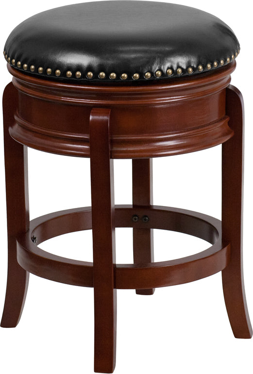24'' High Backless Light Cherry Wood Counter Height Stool with Black Leather Swivel Seat - TA-68824-LC-CTR-GG
