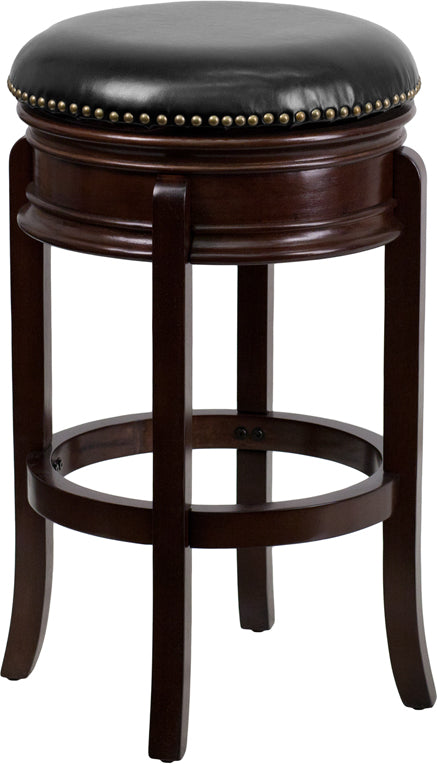 29'' High Backless Cappuccino Wood Barstool with Black Leather Swivel Seat - TA-68829-CA-GG