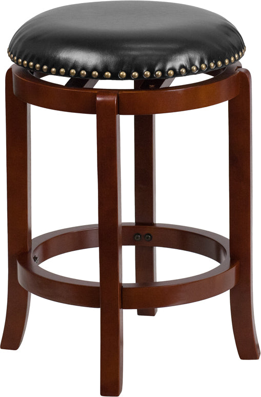 24'' High Backless Light Cherry Wood Counter Height Stool with Black Leather Swivel Seat - TA-68924-LC-CTR-GG