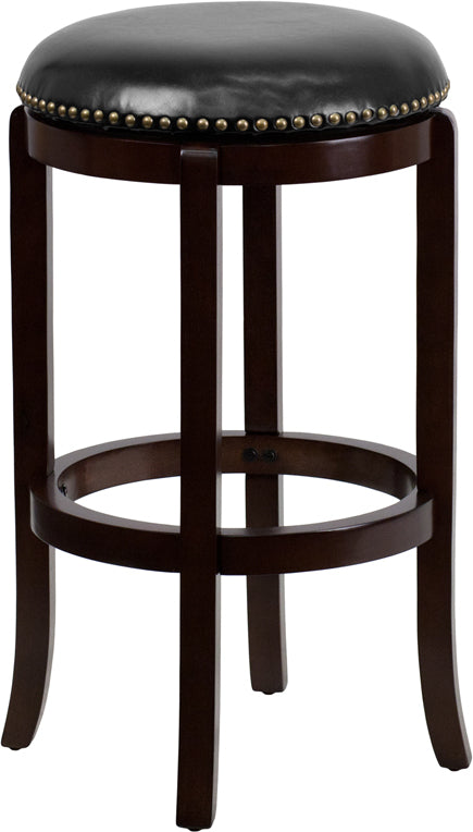 29'' High Backless Cappuccino Wood Barstool with Black Leather Swivel Seat - TA-68929-CA-GG