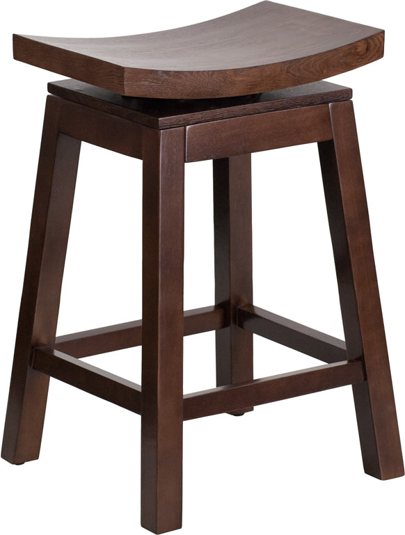 26'' High Saddle Seat Cappuccino Wood Counter Height Stool with Auto Swivel Seat Return - TA-SADDLE-2-GG