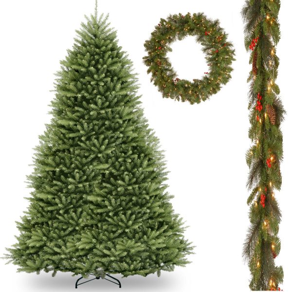 12' Dunhill Fir Hinged Tree with 9' x 10 Crestwood Spruce Garland and 36 Crestwood Spruce Wreath includes Clear Lights
