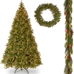 10' Feel-Real Downswept Douglas Hinged Tree with 9' x 10 Crestwood Spruce Garland and 36 Crestwood Spruce Wreath includes Clear Lights