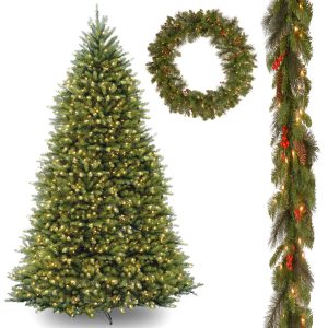 10' Dunhill Fir Hinged Tree with 9' x 10 Crestwood Spruce Garland and 36 Crestwood Spruce Wreath includes Clear Lights