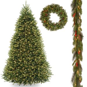 10' Dunhill Fir Hinged Tree include LED Lights with 9' x 10 Crestwood Spruce Garland and 30 Crestwood Spruce Wreath includes Clear Lights