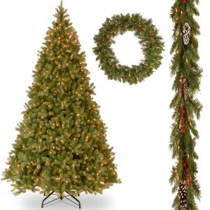 10' Feel-Real Downswept Douglas Hinged Tree with 9' x 10 Frosted Berry Garland and 36 Crestwood Spruce Wreath includes Clear Lights