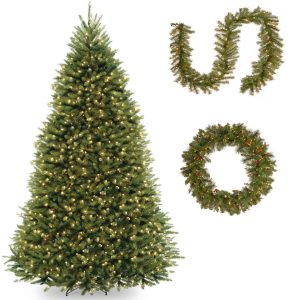 10' Dunhill Fir Hinged Tree include LED Lights with 9' x 10 Norwood Fir Garland and 36 Crestwood Spruce Wreath includes Clear Lights