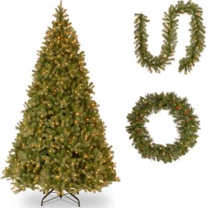 10' Feel-Real Downswept Douglas Hinged Tree with 9' x 10 Norwood Fir Garland and 36 Crestwood Spruce Wreath includes Clear Lights
