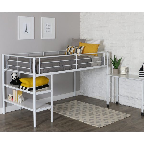 Premium Metal Twin Low Loft Bed with Desk - White