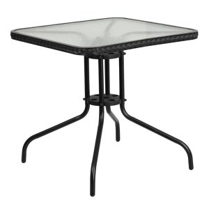 28'' Square Tempered Glass Metal Table with Black Rattan Edging - TLH-073R-BK-GG