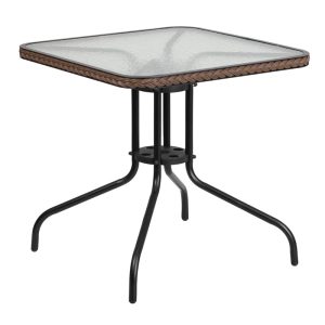 28'' Square Tempered Glass Metal Table with Dark Brown Rattan Edging - TLH-073R-DK-BN-GG