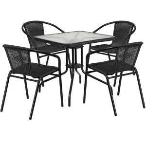 28'' Square Glass Metal Table with Black Rattan Edging and 4 Black Rattan Stack Chairs - TLH-073SQ-037BK4-GG