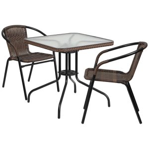 28'' Square Glass Metal Table with Dark Brown Rattan Edging and 2 Dark Brown Rattan Stack Chairs - TLH-073SQ-037BN2-GG