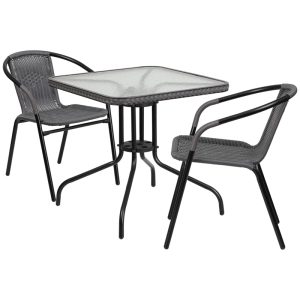 28'' Square Glass Metal Table with Gray Rattan Edging and 2 Gray Rattan Stack Chairs - TLH-073SQ-037GY2-GG