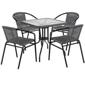 28'' Square Glass Metal Table with Gray Rattan Edging and 4 Gray Rattan Stack Chairs - TLH-073SQ-037GY4-GG