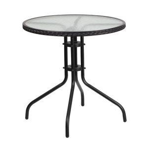 28'' Round Tempered Glass Metal Table with Black Rattan Edging - TLH-087-BK-GG