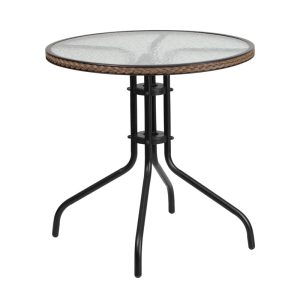 28'' Round Tempered Glass Metal Table with Dark Brown Rattan Edging - TLH-087-DK-BN-GG