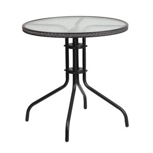28'' Round Tempered Glass Metal Table with Gray Rattan Edging - TLH-087-GY-GG