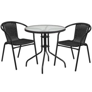28'' Round Glass Metal Table with Black Rattan Edging and 2 Black Rattan Stack Chairs - TLH-087RD-037BK2-GG