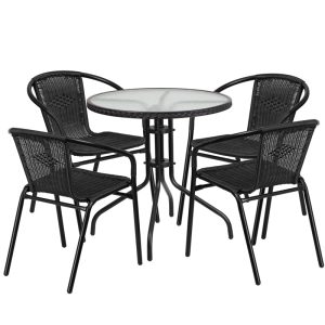 28'' Round Glass Metal Table with Black Rattan Edging and 4 Black Rattan Stack Chairs - TLH-087RD-037BK4-GG