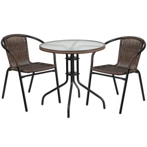28'' Round Glass Metal Table with Dark Brown Rattan Edging and 2 Dark Brown Rattan Stack Chairs - TLH-087RD-037BN2-GG