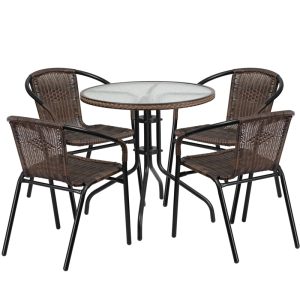 28'' Round Glass Metal Table with Dark Brown Rattan Edging and 4 Dark Brown Rattan Stack Chairs - TLH-087RD-037BN4-GG