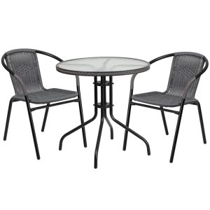 28'' Round Glass Metal Table with Gray Rattan Edging and 2 Gray Rattan Stack Chairs - TLH-087RD-037GY2-GG