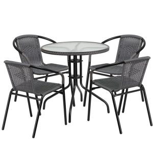 28'' Round Glass Metal Table with Gray Rattan Edging and 4 Gray Rattan Stack Chairs - TLH-087RD-037GY4-GG