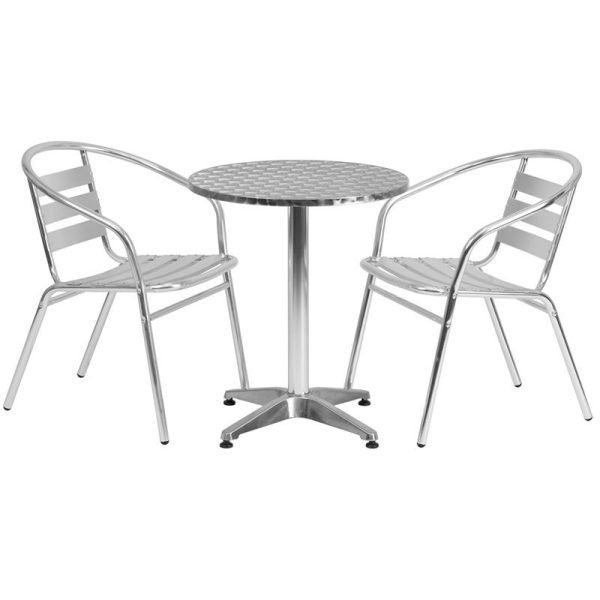 23.5'' Round Aluminum Indoor-Outdoor Table Set with 2 Slat Back Chairs - TLH-ALUM-24RD-017BCHR2-GG