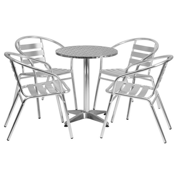 23.5'' Round Aluminum Indoor-Outdoor Table Set with 4 Slat Back Chairs - TLH-ALUM-24RD-017BCHR4-GG