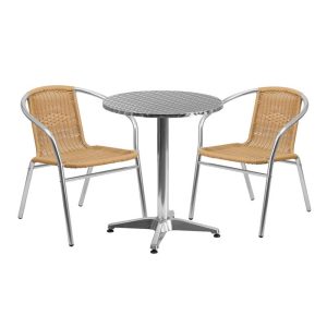 23.5'' Round Aluminum Indoor-Outdoor Table Set with 2 Beige Rattan Chairs - TLH-ALUM-24RD-020BGECHR2-GG