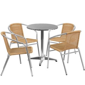 23.5'' Round Aluminum Indoor-Outdoor Table Set with 4 Beige Rattan Chairs - TLH-ALUM-24RD-020BGECHR4-GG