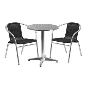 23.5'' Round Aluminum Indoor-Outdoor Table Set with 2 Black Rattan Chairs - TLH-ALUM-24RD-020BKCHR2-GG