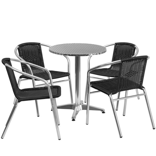 23.5'' Round Aluminum Indoor-Outdoor Table Set with 4 Black Rattan Chairs - TLH-ALUM-24RD-020BKCHR4-GG