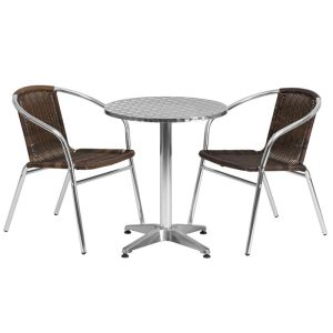 23.5'' Round Aluminum Indoor-Outdoor Table Set with 2 Dark Brown Rattan Chairs - TLH-ALUM-24RD-020CHR2-GG