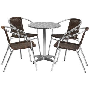 23.5'' Round Aluminum Indoor-Outdoor Table Set with 4 Dark Brown Rattan Chairs - TLH-ALUM-24RD-020CHR4-GG