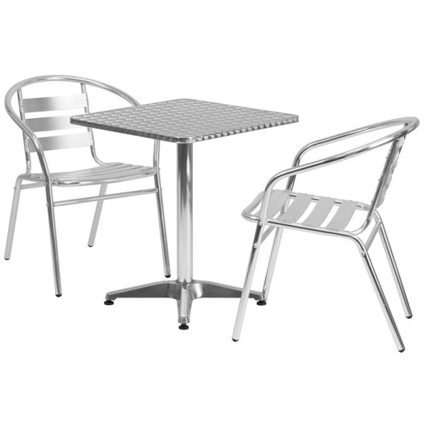 23.5'' Square Aluminum Indoor-Outdoor Table Set with 2 Slat Back Chairs - TLH-ALUM-24SQ-017BCHR2-GG