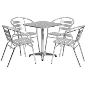 23.5'' Square Aluminum Indoor-Outdoor Table Set with 4 Slat Back Chairs - TLH-ALUM-24SQ-017BCHR4-GG