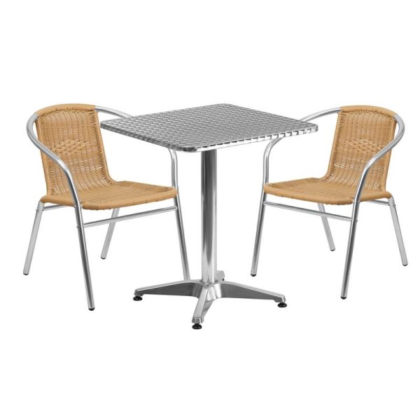 23.5'' Square Aluminum Indoor-Outdoor Table Set with 2 Beige Rattan Chairs - TLH-ALUM-24SQ-020BGECHR2-GG
