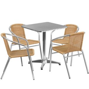 23.5'' Square Aluminum Indoor-Outdoor Table Set with 4 Beige Rattan Chairs - TLH-ALUM-24SQ-020BGECHR4-GG