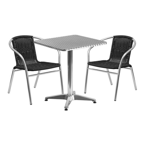 23.5'' Square Aluminum Indoor-Outdoor Table Set with 2 Black Rattan Chairs - TLH-ALUM-24SQ-020BKCHR2-GG
