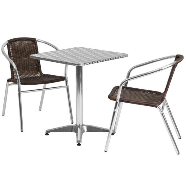 23.5'' Square Aluminum Indoor-Outdoor Table Set with 2 Dark Brown Rattan Chairs - TLH-ALUM-24SQ-020CHR2-GG