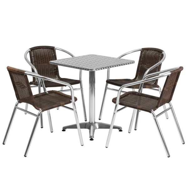 23.5'' Square Aluminum Indoor-Outdoor Table Set with 4 Dark Brown Rattan Chairs - TLH-ALUM-24SQ-020CHR4-GG