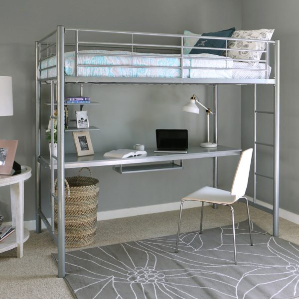 Premium Metal Twin Loft Bed with Wood Workstation- Silver