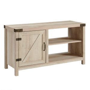 44 Rustic Farmhouse Barn Door TV Stand Storage Console with Shelving - White Oak
