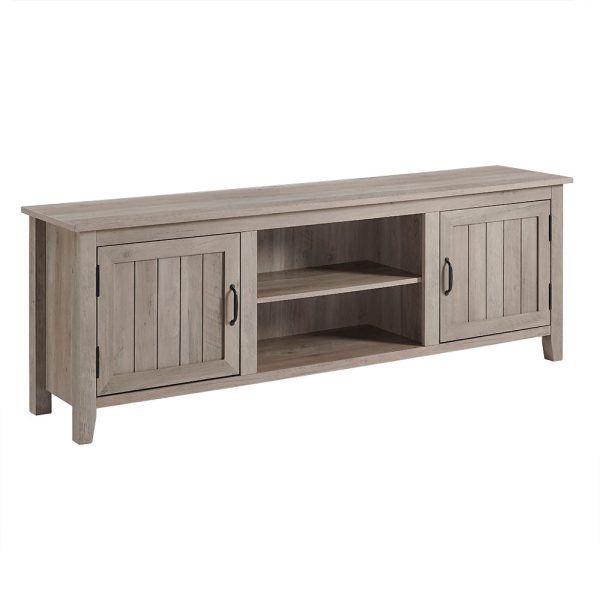 70 Modern Farmhouse Entertainment Center TV Stand Storage Console with Side Beadboard Doors and Center Shelving - Grey Wash
