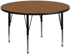 48'' Round Oak Thermal Laminate Activity Table - Height Adjustable Short Legs - XU-A48-RND-OAK-T-P-GG