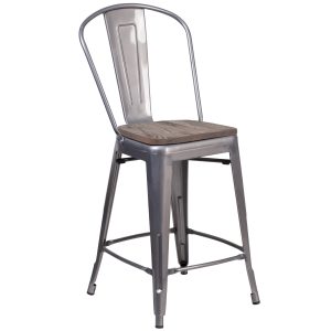 24 High Clear Coated Counter Height Stool with Back and Wood Seat