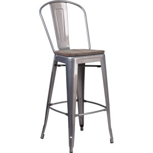 30 High Clear Coated Barstool with Back and Wood Seat